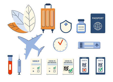 Set of elements. New normal. Safe travel in a pandemic. Immunity passport, tickets, permission, border opening. Vaccination requirement against Covid-19.QR code on a mobile device. Vector illustrationのイラスト素材