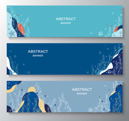 Set of modern abstract banner with seaweed, bottom, bubbles. Design for wall decoration, packaging, postcards, advertising. Vector illustrationのイラスト素材