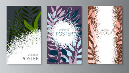 Natural background with colored leaves. Set of textured dotted posters with place for text. Modern flat design for packaging, advertising, congratulations, social networks. Vectorのイラスト素材