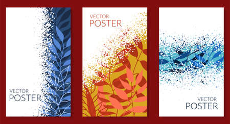 Natural background with colored leaves. Set of textured dotted posters with place for text. Modern flat design for packaging, advertising, congratulations, social networks. Vectorのイラスト素材