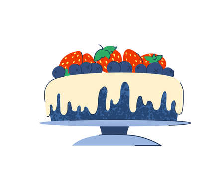 Cake with icing for a birthday or holiday. Decorated with blueberries and strawberries. Isolated...