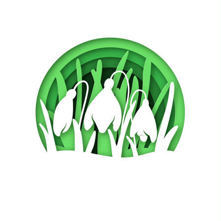 A glade with snowdrops in a multilayer technique. Spring flowers paper cut design. Suitable for laser cutting and postcards. Vector illustrationのイラスト素材