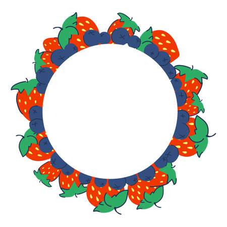 Frame template with strawberries and blueberries. Background with place for your text. Isolated on white background. Vector illustrationのイラスト素材