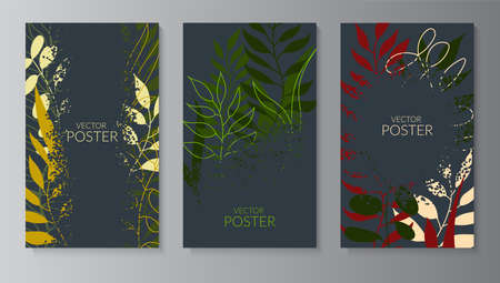 Natural background with colored leaves. Set of textured dotted posters with place for text. Modern flat design for packaging, advertising, congratulations, social networks. Vector illustrationのイラスト素材