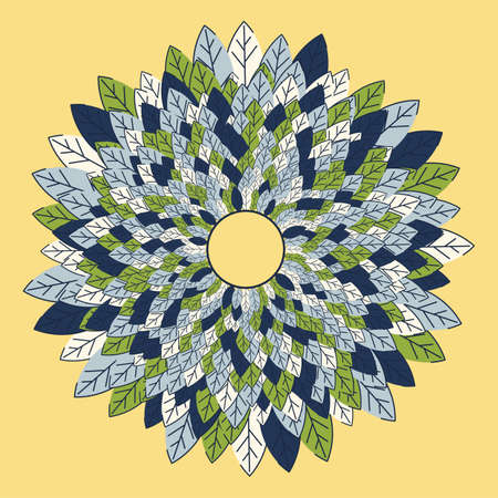 Background template with abstract flat leaves. A wreath in a modern design in a round shape. Frame made from green and yellow leaves. Design for invitations and cards. Vectorのイラスト素材