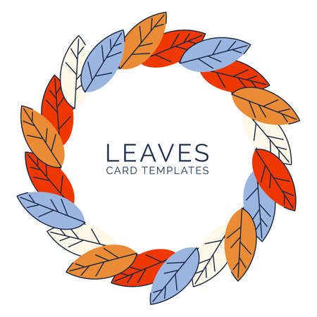 Background template with abstract flat leaves. A wreath in a modern design in a round shape. Frame made from autumn leaves. Design for invitations and cards. Vectorのイラスト素材