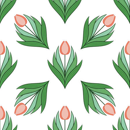 Seamless pattern with tulips in flat modern style. Design from multi-colored tulips in Damascus style. Vectorのイラスト素材