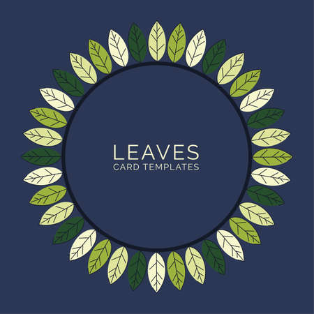 Background template with abstract flat leaves. A wreath in a modern design in a round shape. Frame made from green and yellow leaves. Design for invitations and cards. Vectorのイラスト素材