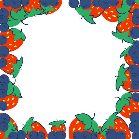 Frame template with strawberries and blueberries. Background with place for your text. Isolated on white background. Vectorのイラスト素材