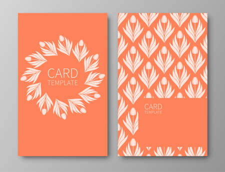 Set of posters, backgrounds with flowers and foliage of tulips. Ornaments from silhouettes of spring flowers. Wreaths, frames with place for text. Electric Tangerine color template. Vectorのイラスト素材