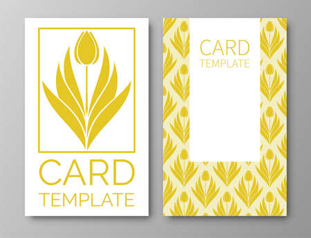 Set of posters, backgrounds with flowers and foliage of tulips.Ornaments from silhouettes of spring flowers.Wreaths, frames with place for text. Yellow color template for invitations and cards. Vectorのイラスト素材