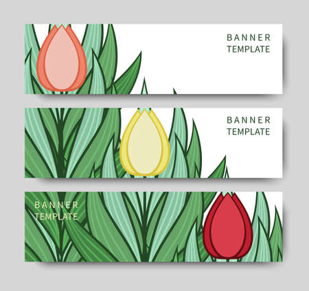 Set of banners with flowers and leaves of tulips. Layout with place for text. Modern design for advertising. Vectorのイラスト素材