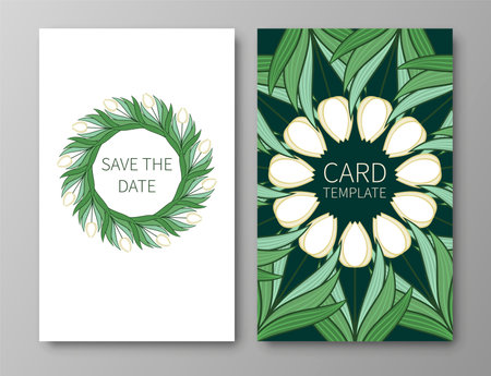 Set of posters, backgrounds with flowers and foliage of tulips. Ornaments and textures from spring flowers. Wreaths, frames with place for text. Cute natural motif for invitations and cards. Vectorのイラスト素材