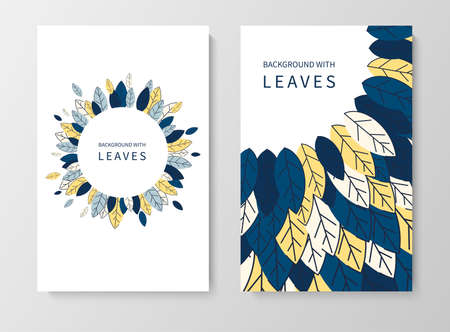 A set of posters for advertising, invitations, cards from colorful leaves. Summer background for sales, congratulations. Geometric flat design. Place for your text. Vectorのイラスト素材