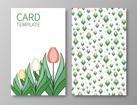 Set of posters, backgrounds with flowers and foliage of tulips. Ornaments and textures from spring flowers. Wreaths, frames with place for text. Cute natural motif for invitations and cards. Vector.のイラスト素材