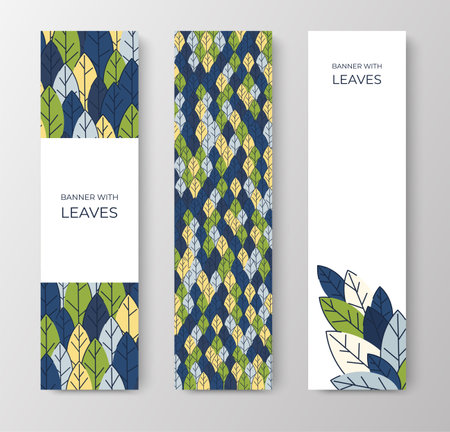 Set of vertical banners for advertising, invitations, internet sites from colorful leaves. Summer background for sales. Geometric flat design. Place for your text. Vectorのイラスト素材