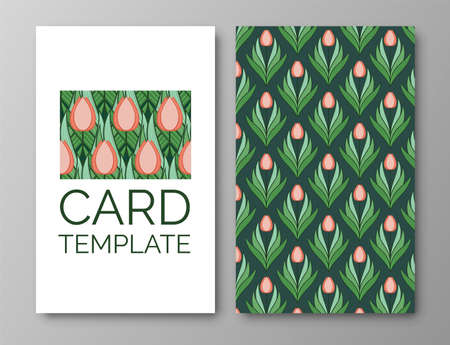 Set of posters, backgrounds with flowers and foliage of tulips. Ornaments and textures from spring flowers. Wreaths, frames with place for text. Cute natural motif for invitations and cards. Vectorのイラスト素材