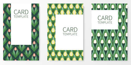 Set of posters, backgrounds with flowers and foliage of tulips. Ornaments and textures from spring flowers. Wreaths, frames with place for text. Cute natural motif for invitations and cards. Vectorのイラスト素材