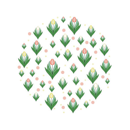 Composition with flowers and leaves of tulips in a circle. Layout with place for text. Modern design for advertising. Vectorのイラスト素材