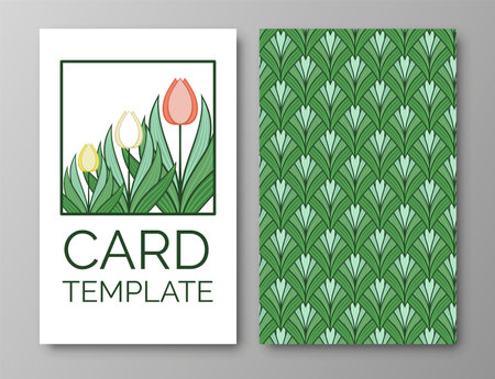 Set of posters, backgrounds with flowers and foliage of tulips. Ornaments and textures from spring flowers. Wreaths, frames with place for text. Cute natural motif for invitations and cards. Vectorのイラスト素材