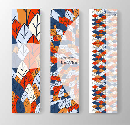 Set of vertical banners for advertising, invitations, internet sites from colorful leaves. Autumn background for sales. Geometric flat design. Place for your text. Vectorのイラスト素材