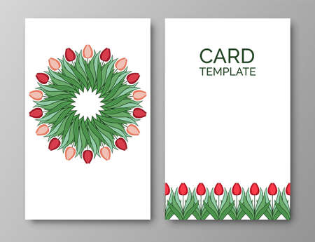 Set of posters, backgrounds with flowers and foliage of tulips. Ornaments and textures from spring flowers. Wreaths, frames with place for text. Cute natural motif for invitations and cards. Vectorのイラスト素材