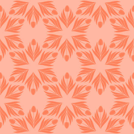 Seamless pattern with a pattern of the silhouette of tulips and leaves. Design in coral, orange for printing, packaging, fabric. Electric Tangerine. Damascus styling. Vectorのイラスト素材