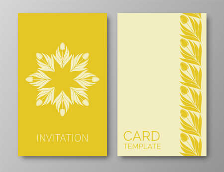 Set of posters, backgrounds with flowers and foliage of tulips.Ornaments from silhouettes of spring flowers.Wreaths, frames with place for text. Yellow color template for invitations and cards. Vectorのイラスト素材