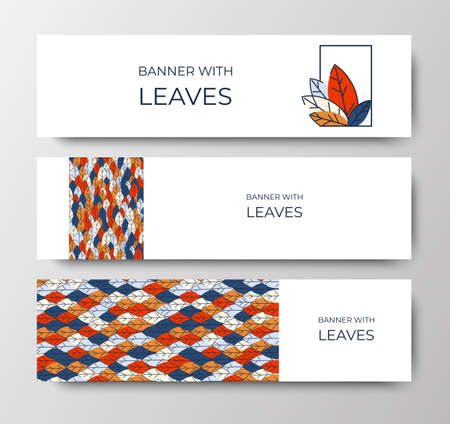 Set of horizontal banners for advertising, invitations, internet sites from colorful leaves. Autumn background for sales. Geometric flat design. Place for your text. Vectorのイラスト素材