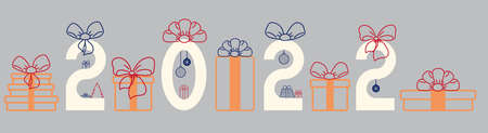Christmas banner with numbers of year 2022. Gifts, bows and inscription in flat style. Vectorのイラスト素材