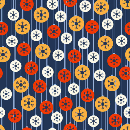 Seamless pattern with colored plain Christmas balls. Snowflake pattern. Festive flat style design for packaging and print. Vectorのイラスト素材