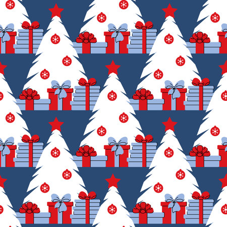 Seamless pattern with decorated Christmas tree. Balls and gifts. Festive flat style design for packaging and print. Vectorのイラスト素材