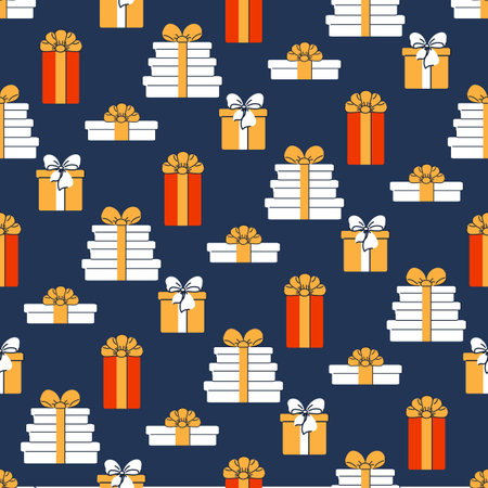 Seamless pattern with gifts. Various boxes with ribbons. Festive flat style design for packaging and print. Vectorのイラスト素材