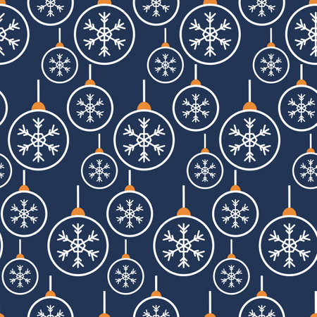 Seamless pattern with Christmas balls. White contour with a pattern of snowflakes. Festive flat style design for packaging and print. Vectorのイラスト素材