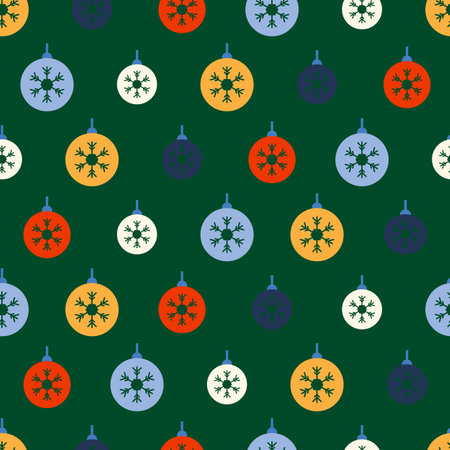 Seamless pattern with colored plain Christmas balls. Snowflake pattern. Festive flat style design for packaging and print. Vectorのイラスト素材