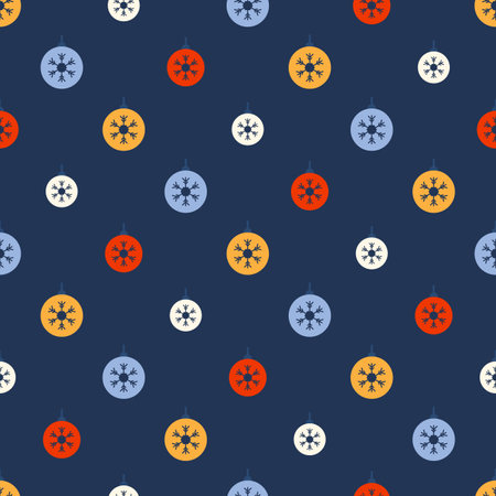 Seamless pattern with colored plain Christmas balls. Snowflake pattern. Festive flat style design for packaging and print. Vectorのイラスト素材