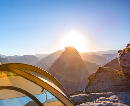Camping in Yosemite on a prime locatioinの写真素材