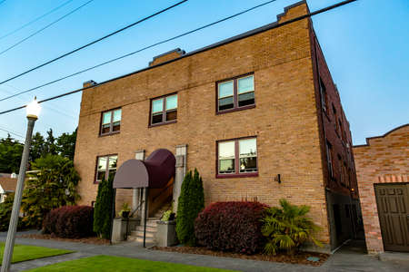 Modern residential condominiums in Tacoma Washington.. illuminated residential condominiums in Tacoma Washington.の写真素材
