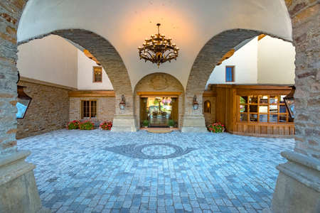 Stone entrance of the Waterfront Hotel . Beautiful views of the small town of Leavenworthのeditorial素材