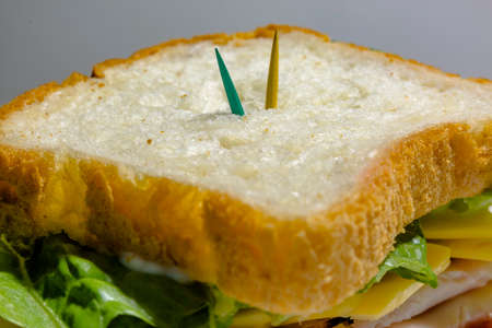 Close up of a sandwich on the side at eye level. Close up of a beautiful deli sandwichの写真素材