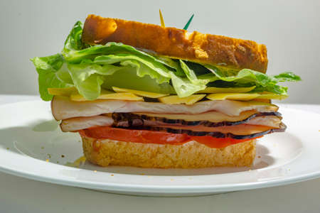Close up of a sandwich on the side at eye level. Close up of a beautiful deli sandwichの写真素材