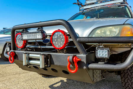 Front guard on an offroad vehicle with tow kit. Custom cars in Southern California summer 2017の写真素材