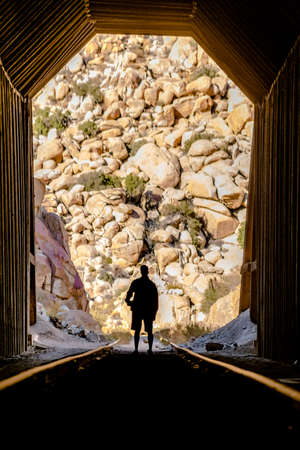 Man with camera in silhouette train tracks, closeの写真素材