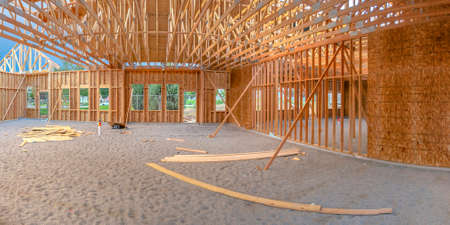 Panorama of construction area wood beams