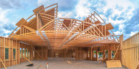 Wide angle view of building being constructed pano
