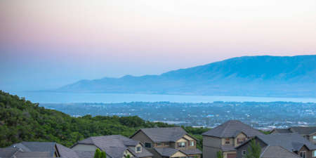 Utah Valley views with homes mountain and lakeの写真素材