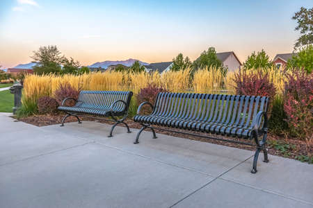 Benches and water fountain against homes and skyの写真素材