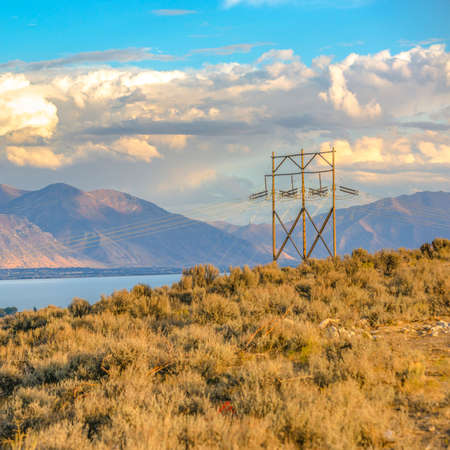 Utah Valley with power line lake and mountain viewの写真素材