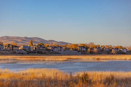 Saratoga Springs lakeside homes with views of Timpの写真素材