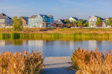Wooden deck on Oquirrh Lake in Daybreak Utahの写真素材